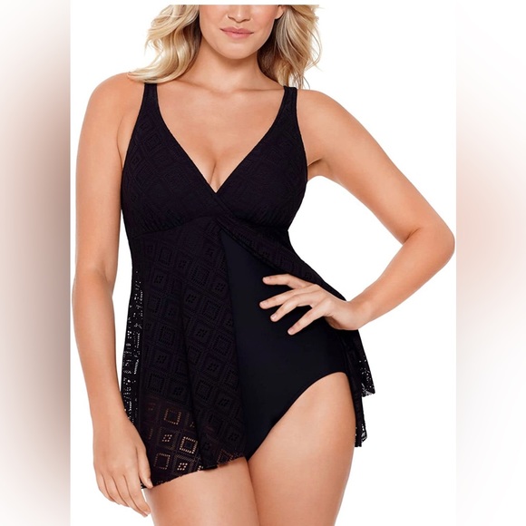 Swim Solutions Other - 🔥SWIM SOLUTIONS🔥BLACK CROCHET FLYAWAY TUMMY-CONTROL SWIM DRESS SIZE 12 NWT